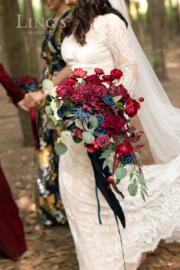 Ling's moment Navy Blue Burgandy Bridal Bouquet Cascading, Jewel Tone Wedding - Image 5
