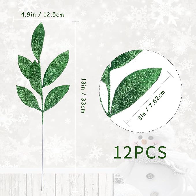 GREENTIME 12 Pack Artificial Green Glitter Leaves 13" Fake Christmas Picks - Image 3