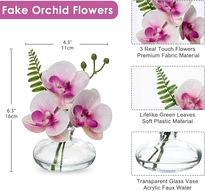 Pink Orchids Artificial Flowers Faux Orchids Arrangement in Clear Glass Vases - Image 3