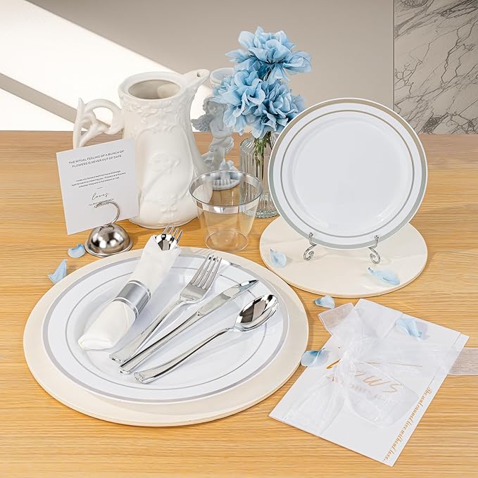 BESTVIP 700PCS Silver Plastic Dinnerware Set - Image 4