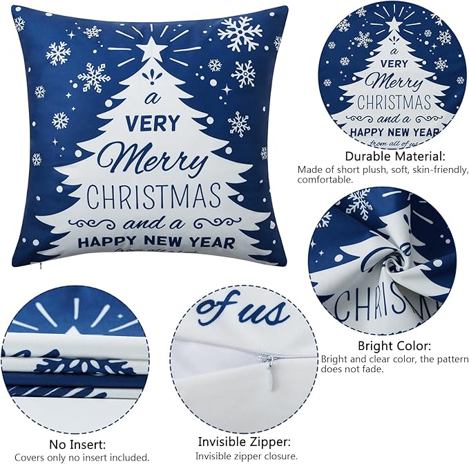 Christmas Pillow Covers 20X20 Set of 4 Navy Blue white Christmas Decorations - Image 3