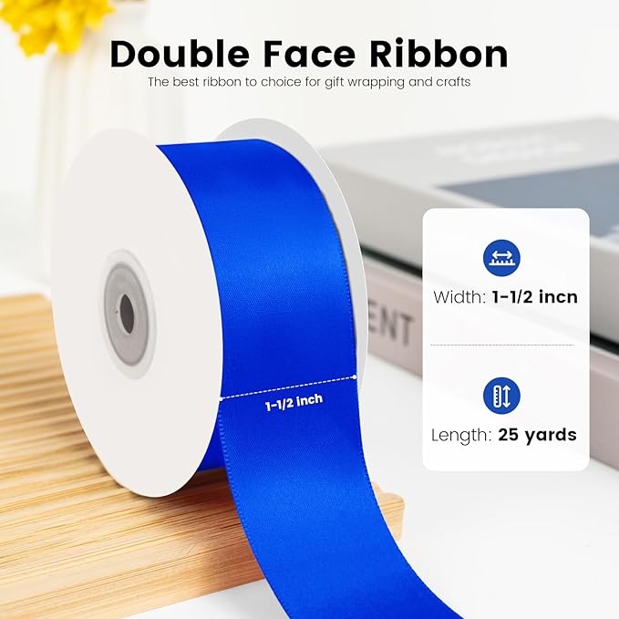 Double Faced Royal Blue Satin Ribbon, 1-1/2" x 25 Yards Ribbons, Wedding Decor - Image 2