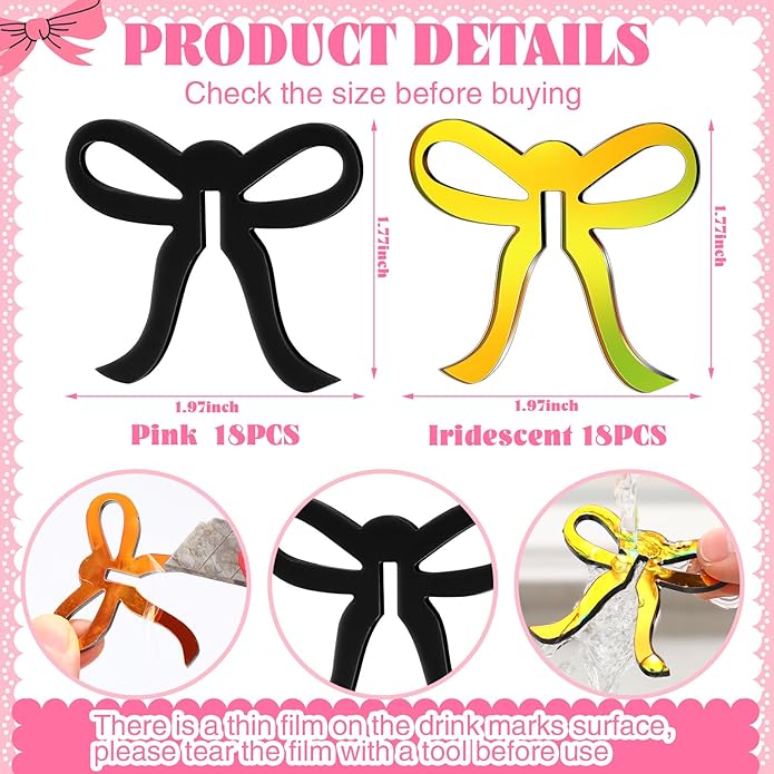 36 Pcs Bow Drink Markers Acrylic Drink Tags Bowknot Wine Glass Charms - Image 2
