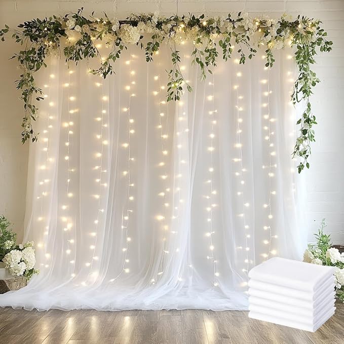 Tulle Backdrop Curtain with Lights String 30 X 8FT White Sheer Tulle Backdrop by Xiomot