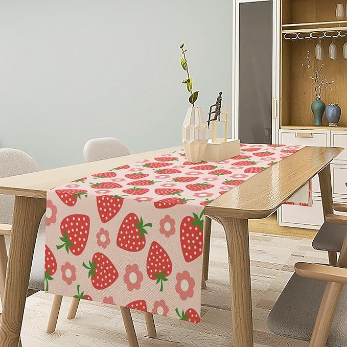 Strawberry Table Runner Spring Summer Fruit Pink Berry Forest Garden Dinner - Image 2