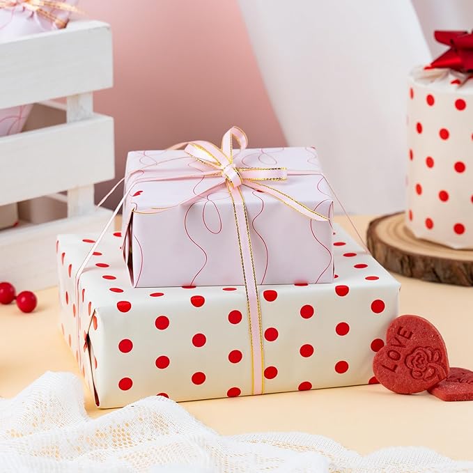 Flyhill Polka Dot Wrapping Paper, Reversible Pink Beige Elegant Heart & Bow - Image 7