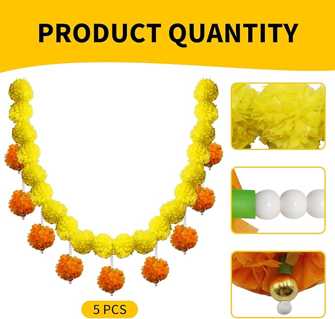 5 Pcs Marigold Garland Diwali Decor Artificial Flowers, 4.5 Feet Artificial - Image 3