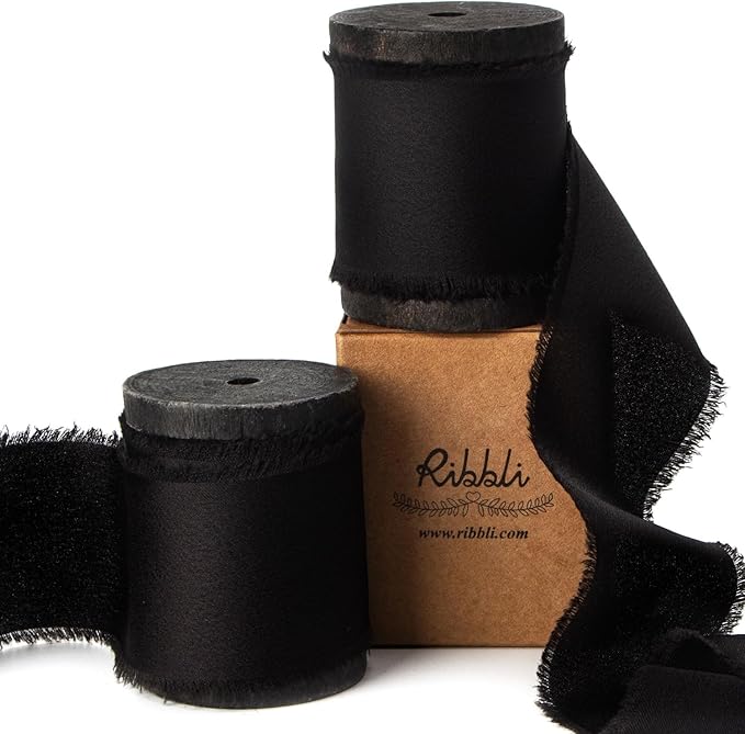 Ribbli Black Silk Satin Ribbon 1.5 Inch x 12 Yard Handmade Frayed Chiffon Ribbon by Ribbli