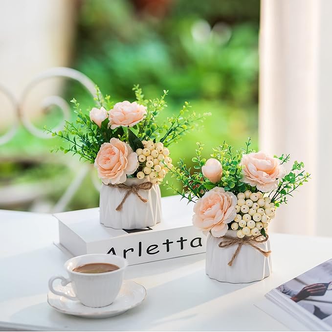 BLOSMON Table Decor Artificial Flowers Vase 7 Inch Small Fake Champagne Flower - Image 2