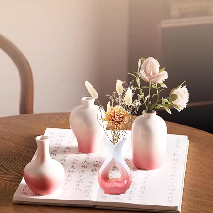 Small Ceramic Vases Decorative 4pcs Pink-White Modern Farmhouse Vase Pottery - Image 9