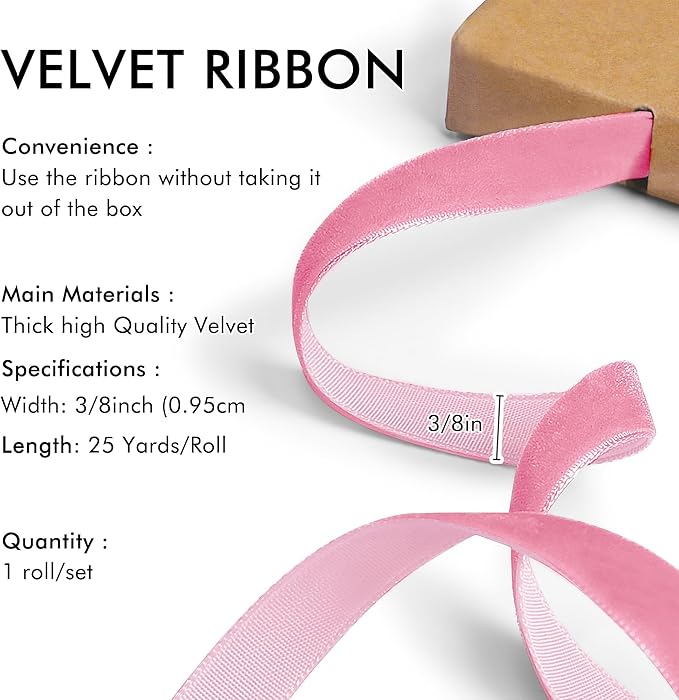 Pink Velvet Ribbon 3/8'' 25 Yards - Image 2
