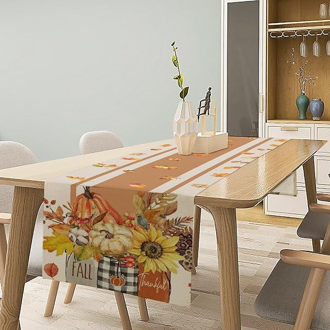 Autumn Table Runner, Thanksgiving Fall Pumpkin Leaves Floral Table Cloth - Image 2