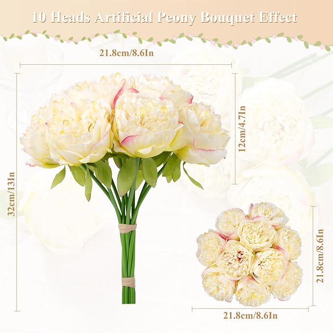 U'Artlines 2 Bouquet 10 Heads Artificial Peony Silk Flower Leaf Home Office - Image 2