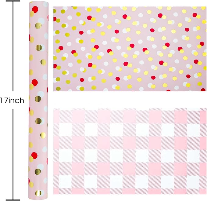 Burymento Red Gold Dots Wrapping Paper, Reversible Pink Lattice Design Gift Wrap - Image 4