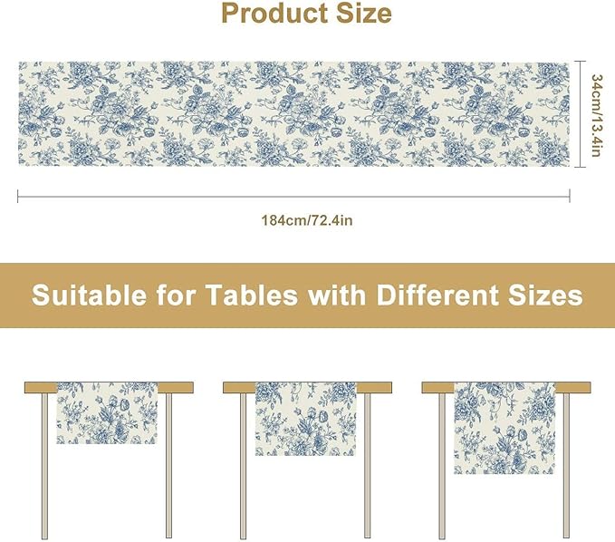 Floral Table Runner, Retro Blue Flower Chinoiserie Sketch Pattern Print Table - Image 2
