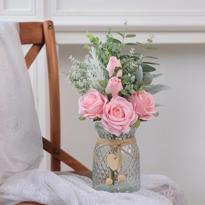 Faux Flowers with Vase, Artificial Silk Roses in Vase, Fake Plant Eucalyptus - Image 2
