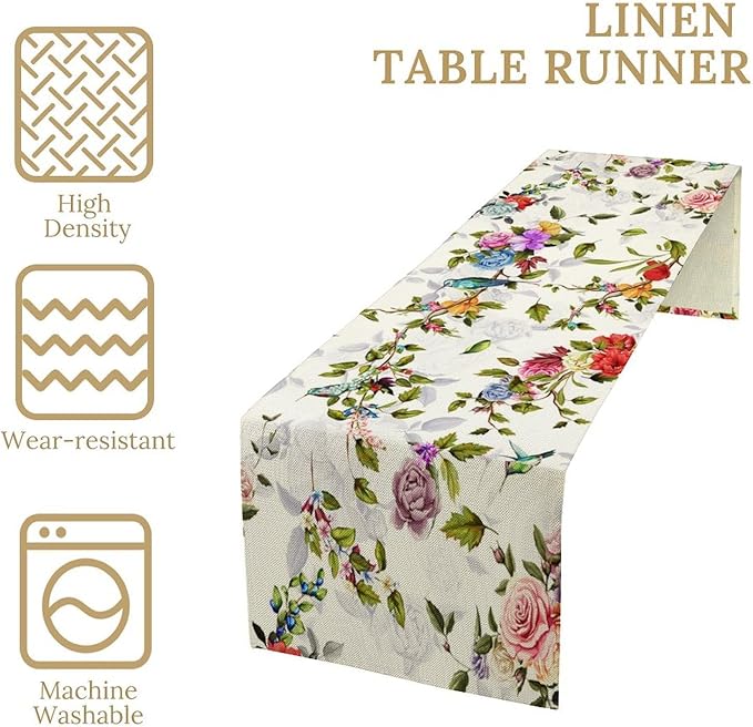 Vintage Bird Flower Table Runner Seasonal Spring Summer Garden Plants Farmhouse - Image 4