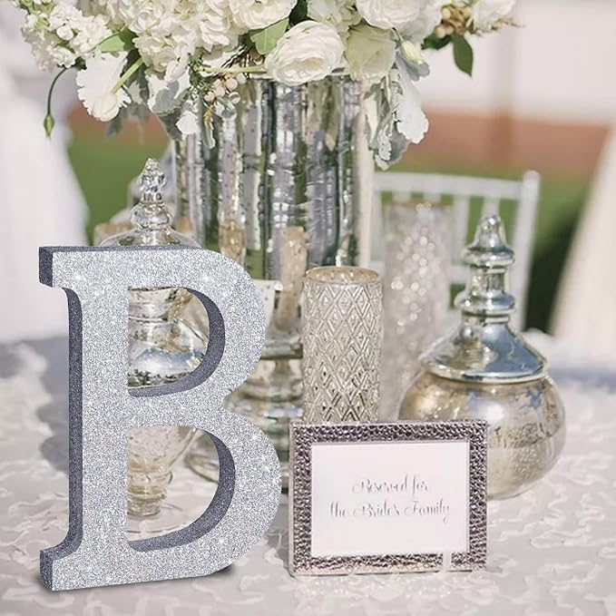 TONIFUL 8 Inch Silver Glitter Letter B Table Centerpiece A-Z Silver Birthday - Image 5