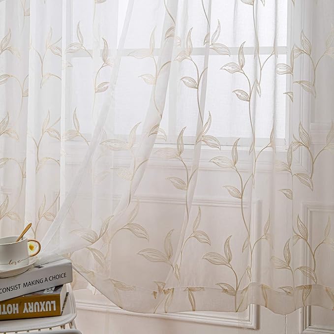 VISIONTEX Sheer Curtains 120 inch Length 2 Panels Set, Rod Pocket Embroidered by VISIONTEX