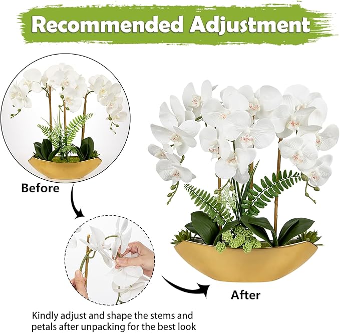 Briful Orchid Fake Flowers 18in White Artificial Orchid Silk Flowers in Gold - Image 3