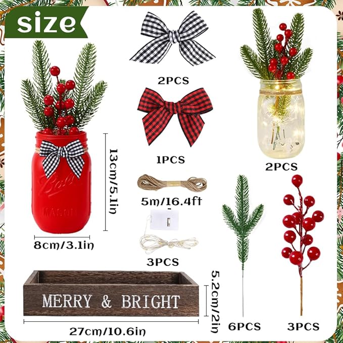 DIYDEC 3PCS Christmas Mason Jars 3*5Inch lighting Painted Xmas Tiered Tray - Image 3