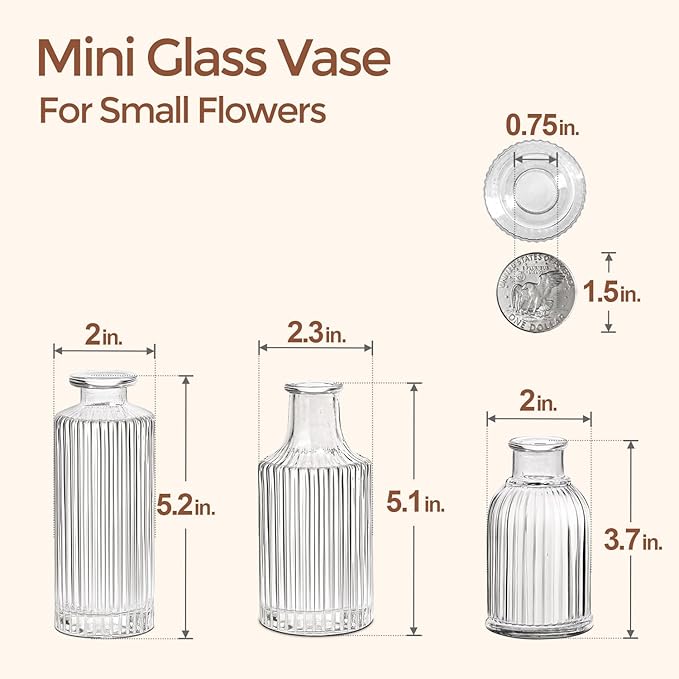 ComSaf Glass Bud Vases Set of 3, Small Flower Vases in Bulk, Mini Ribbed Vases - Image 3