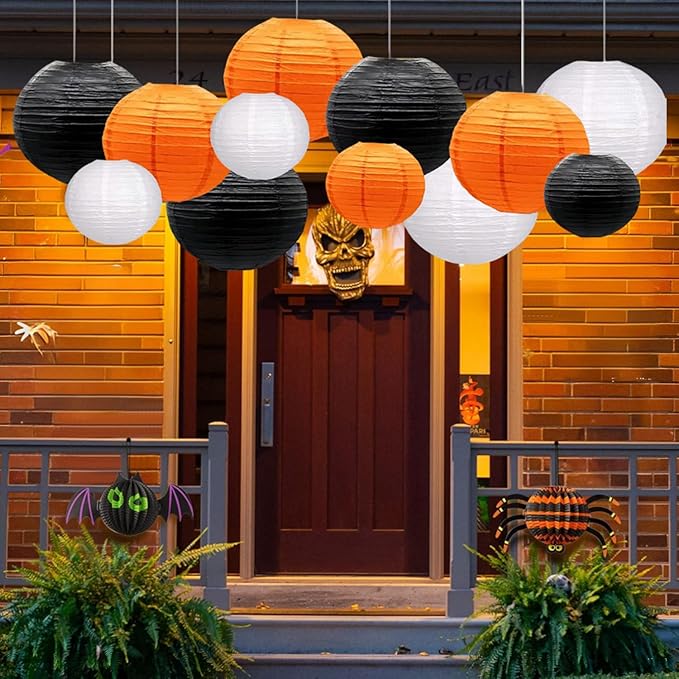 Orange Black White Paper Lanterns Decorative 12pcs Halloween Hanging Decorations - Image 8