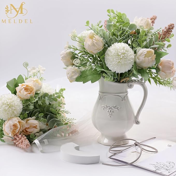 Meldel 3Pcs Rose Bouquet Light Champagne Artificial Flowers Peony Eucalyptus - Image 2