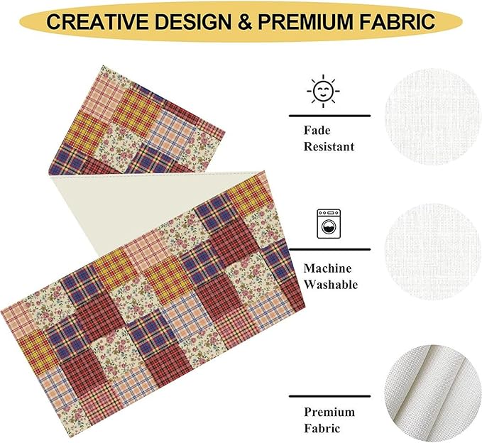 Patchwork Table Runner, Boho Vintage Floral Checkered Plaid Bohemian Paisley - Image 4