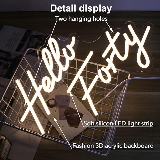 LED Hello Forty Neon Sign 16.5x9.4 inch - Image 3