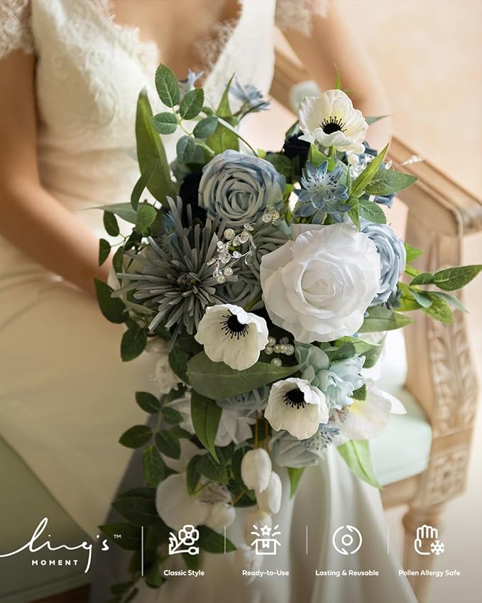 Ling's moment Dusty Blue Bridal Bouquet Cascading, Wedding Bouquets - Image 2