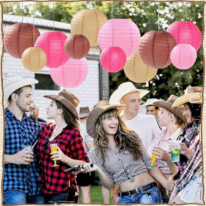 Pink Brown Paper Lanterns Decorative 12pcs Party Hanging Decorations - Image 4