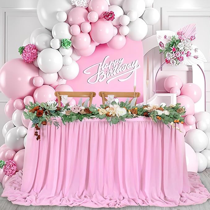QueenDream Pink Chiffon Table Skirt 6ft Pink Table Cloth - Image 4