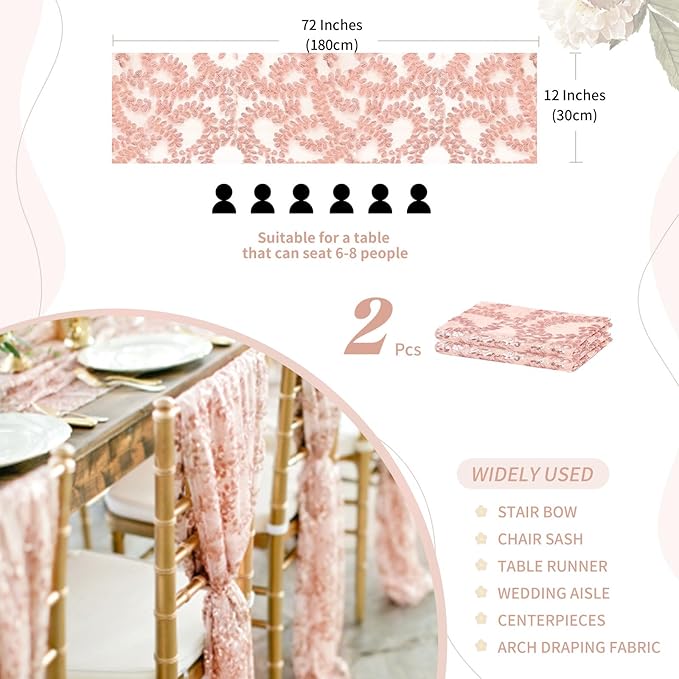 Sequin Table Runners 2 Pieces Rose Gold Flower Table Runners 12x72 Inch Glitter - Image 3