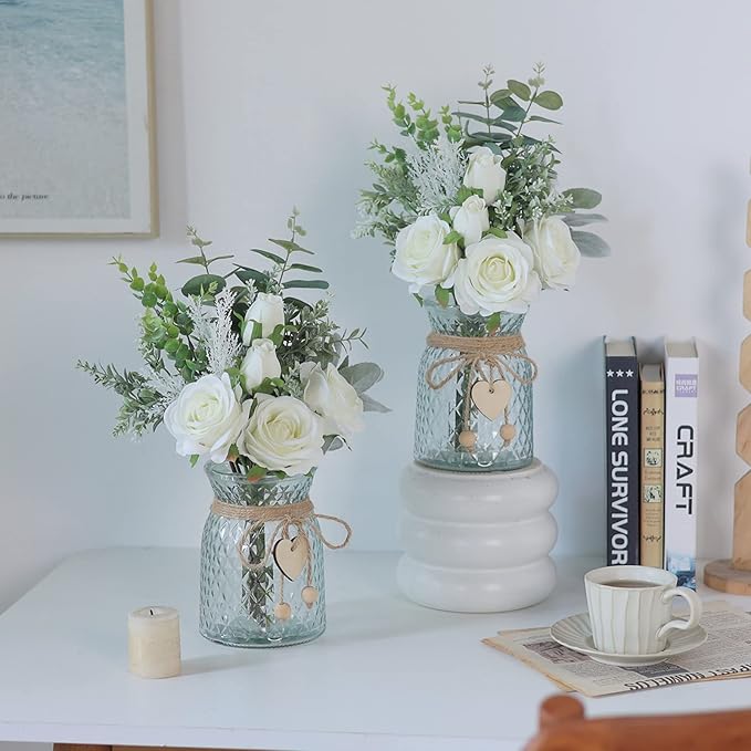 Faux Flowers with Vase, Artificial Silk Roses in Vase, Fake Plant Eucalyptus - Image 9