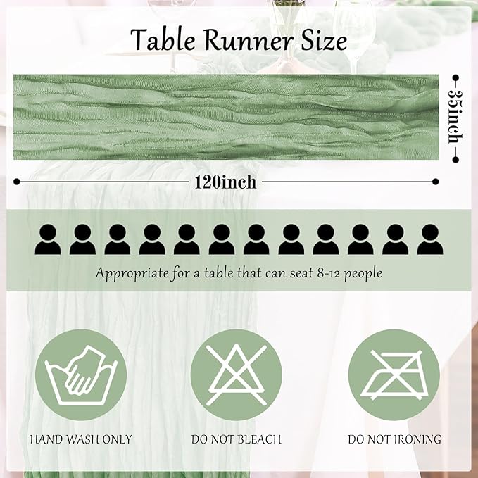 6-Pack Sage Green Cheesecloth Table Runners – 10FT Boho Rustic Gauze Fabric - Image 6