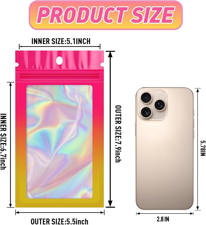 Funfery 100 Pack Gradient Holographic Bags, Mylar Resealable Bags - Image 2