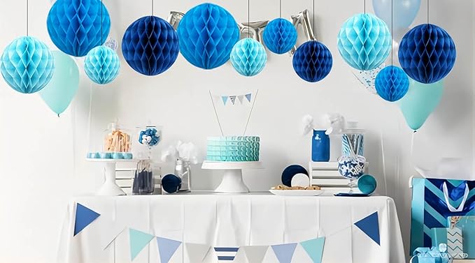 CC wonderland zone 12pcs Blue Paper Honeycomb Balls, Hanging Tissue Pom poms - Image 2