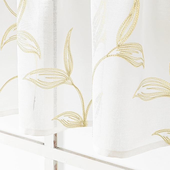 VISIONTEX Sheer Voile Curtain Valances, Decorative Leaves Embroidered, Rod - Image 4