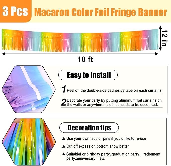 3 Pack 10 Long Rainbow Metallic Foil Fringe Garland Wall Hanging Tassle Banner - Image 2