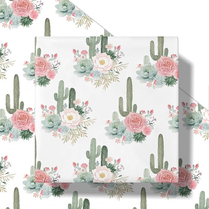 RUSPEPA Cactus Floral Wrapping Paper Roll, Mini Roll, Elegant Cacti and Roses - Image 2