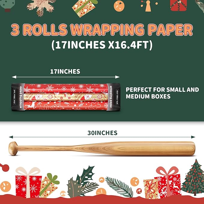 Christmas Gift Wrapping Paper Rolls, 3 Rolls 17inches x 198inches Reversible - Image 2