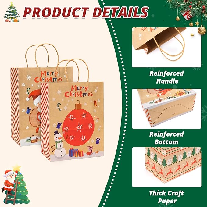 LYLIN 10Pcs Kraft Christmas Gift Bags, Christmas Tote Bags - Image 4