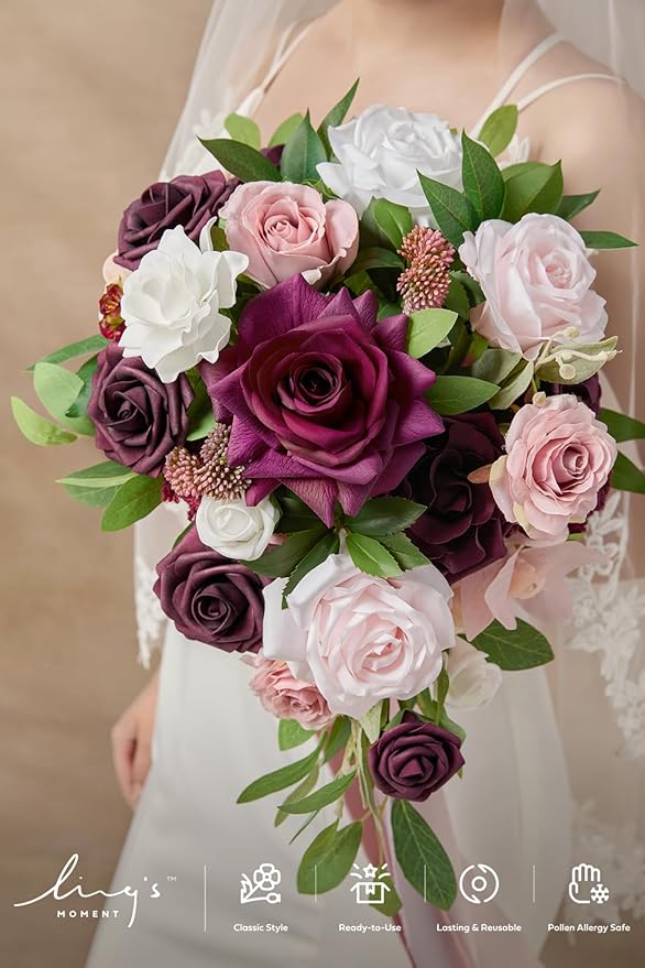 Ling's moment Burgundy Cascading Bridal Bouquet, Marsala Wedding Bouquets - Image 5