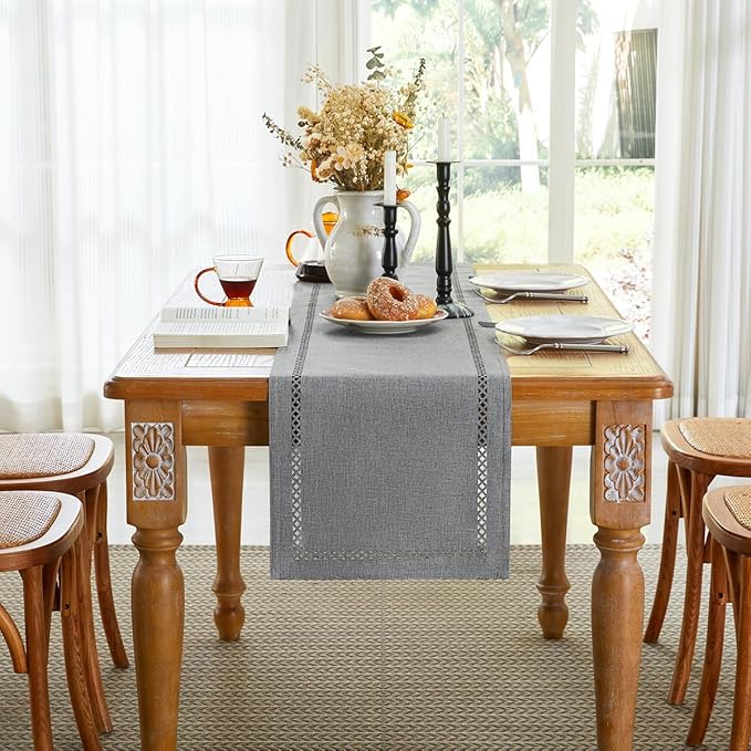 Burlap Style Farmhouse Table Runner, 13 x 48 Inch Grey, Rustic Geometric Hollow - Image 4