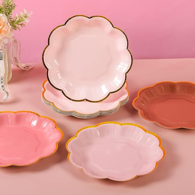 Dusty Pink Gradient Color Dessert Paper Plates, 7 inch Gold Foil Scalloped Edge - Image 5