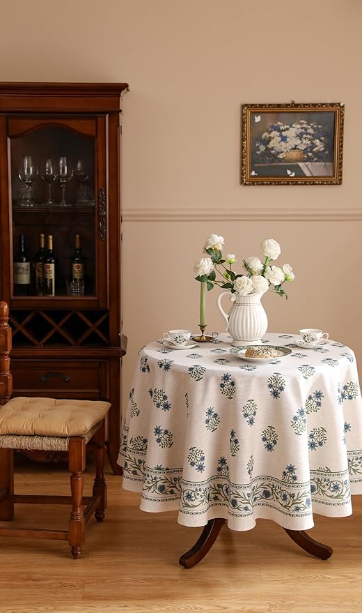 ISAENNE Designer White Linen Small Round Tablecloth, Chinoiserie Floral Elegant - Image 8