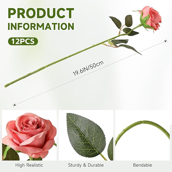 Tifuly Dusty Pink Roses Artificial Flowers -12 Pcs Long Stem Silk Roses - Image 2