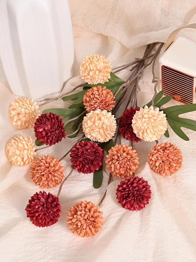 Waipfaru 10pcs Fake Silk Pompon Mum Artificial Fall Flowers, Faux Mini - Image 5