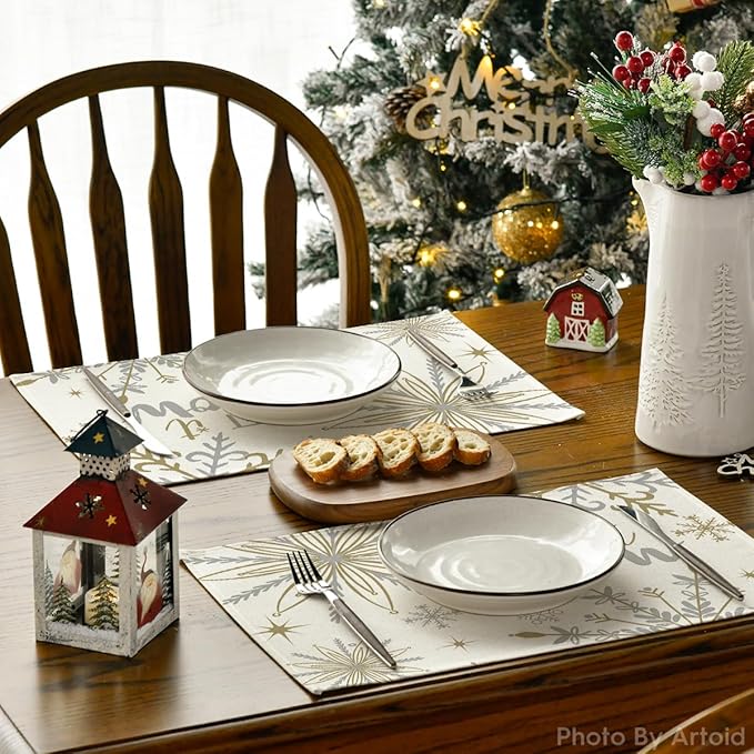 Artoid Mode Beige Snowflake Let It Snow Winter Placemats Set of 12, 12x18 Inch - Image 4